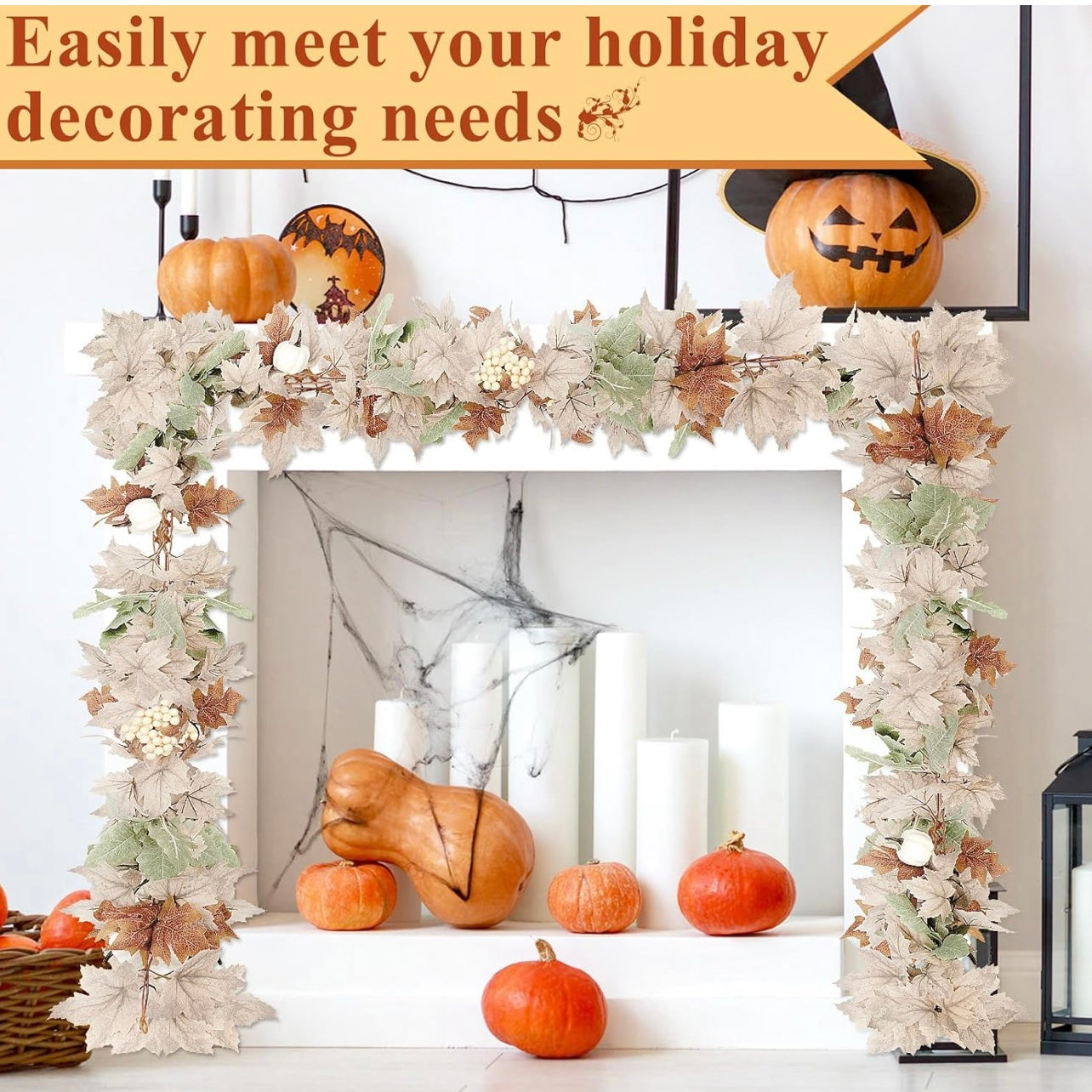 Artificial Maple Leaf Garland with Pumpkins