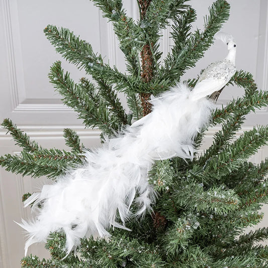Faux White Peacock Ornament with Glitter